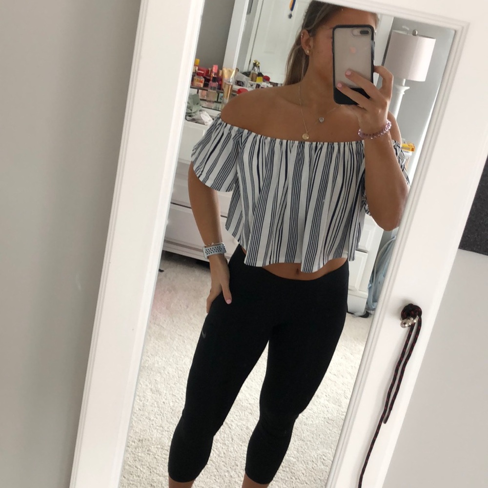 striped off the shoulder cropped top!